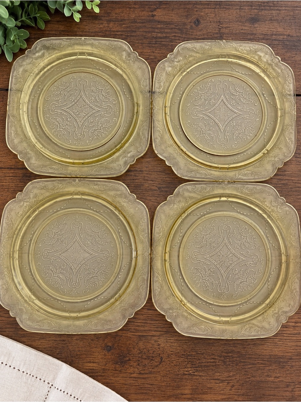 Vintage Amber Depression Glass Plates Set of 4 – Square Ornate Floral Scroll 8.5